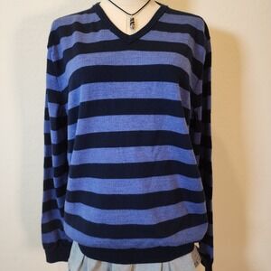 J.Crew Merino Wool Striped V‎ Neck Sweater Blue Black Mens XL